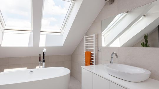 A modern bathroom with skylights